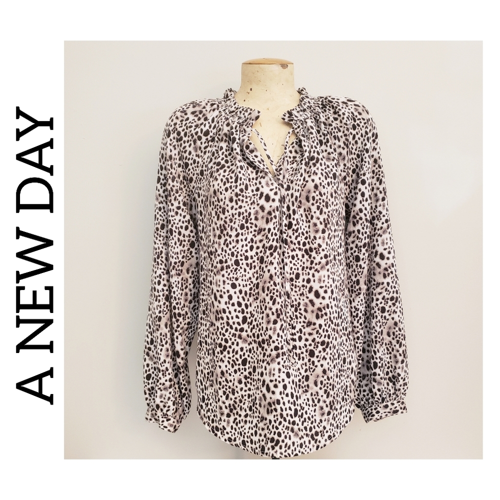 A New Day Long Sleeve Animal Print Blouse Brown Size Small